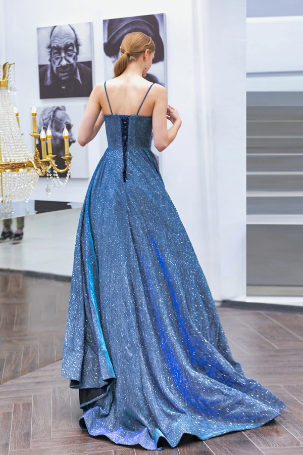 Glitzernden Meeresblau Abendkleider 2019 A Linie Spaghettiträger Pailletten Ärmellos Rückenfreies Sweep / Pinsel Zug Festliche Kleider