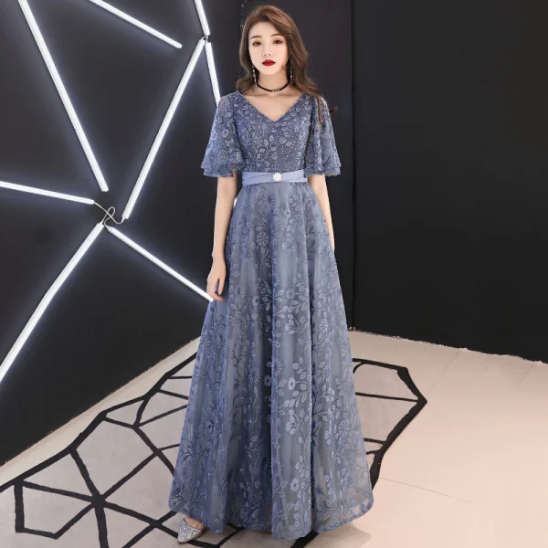 Elegant Pool Blue Evening Dresses  2019 A-Line / Princess V-Neck Rhinestone Lace Flower Sash Short Sleeve Backless Floor-Length / Long Formal Dresses