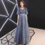 Elegant Pool Blue Evening Dresses  2019 A-Line / Princess V-Neck Rhinestone Lace Flower Sash Short Sleeve Backless Floor-Length / Long Formal Dresses