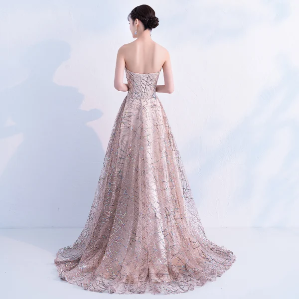 Glitzernden Champagner Gold Abendkleider 2019 A Linie Ärmellos Pailletten Bandeau Rückenfreies Sweep / Pinsel Zug Festliche Kleider