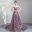 Chic / Beautiful Purple Prom Dresses 2019 A-Line / Princess Strapless Lace Flower Sleeveless Backless Sweep Train Formal Dresses