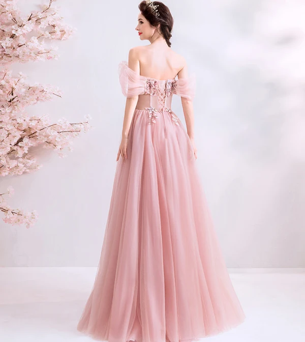 Flotte Lyserød Gallakjoler 2019 Prinsesse Off-The-Shoulder Perle Rhinestone Med Blonder Blomsten Ærmeløs Halterneck Lange Kjoler