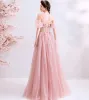 Chic / Beautiful Blushing Pink Prom Dresses 2019 A-Line / Princess Off-The-Shoulder Pearl Rhinestone Lace Flower Sleeveless Backless Floor-Length / Long Formal Dresses