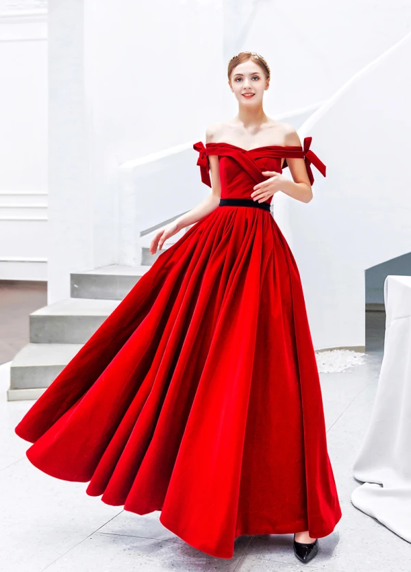 Schöne Einfarbig Rot Abendkleider 2019 A Linie Off Shoulder Wildleder Schleife Ärmellos Rückenfreies Lange Festliche Kleider