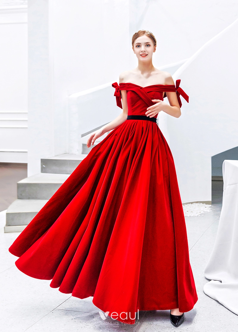 Chic Beautiful Solid Color Red Evening Dresses 2019 A Line Princess Off The Shoulder Suede Bow Sleeveless Backless Floor Length Long Formal Dresses