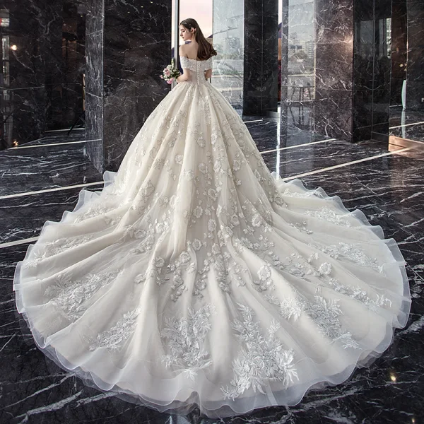 Classy Ivory Wedding Dresses 2019 Ball Gown Off-The-Shoulder Beading Sequins Lace Flower Short Sleeve Backless Cathedral Train