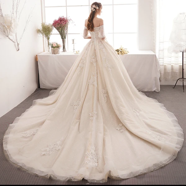Charming Champagne Wedding Dresses 2019 A-Line / Princess Off-The-Shoulder Beading Pearl Lace Flower Short Sleeve Backless Cathedral Train