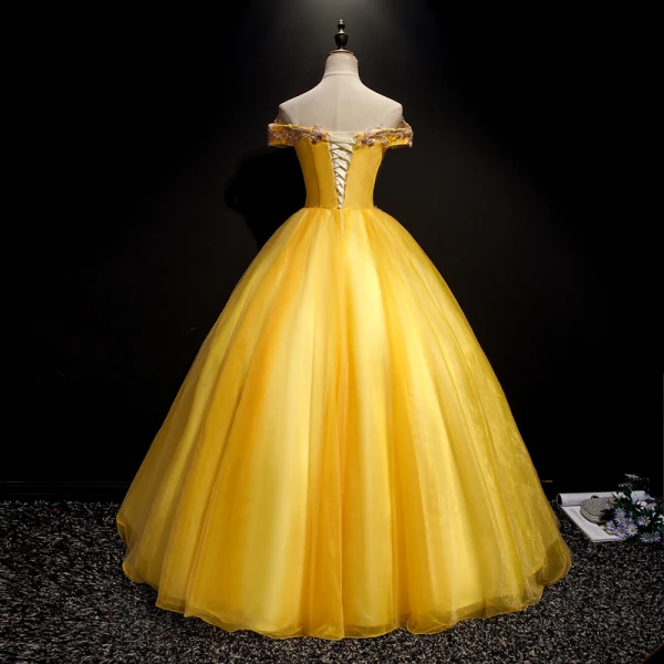 Flower Fairy Yellow Prom Dresses 2019 A-Line / Princess Off-The-Shoulder Appliques Lace Flower Pearl Short Sleeve Backless Floor-Length / Long Formal Dresses
