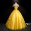 Flower Fairy Yellow Prom Dresses 2019 A-Line / Princess Off-The-Shoulder Appliques Lace Flower Pearl Short Sleeve Backless Floor-Length / Long Formal Dresses