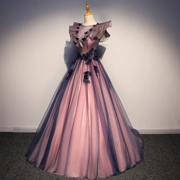 Élégant Violet Robe De Bal 2019 Princesse Encolure Carrée Perle Appliques En Dentelle Fleur Sans Manches Dos Nu Longue Robe De Ceremonie