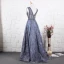 Luxury / Gorgeous Ocean Blue Handmade  Beading Evening Dresses  2019 A-Line / Princess V-Neck Crystal Lace Flower Sleeveless Backless Floor-Length / Long Formal Dresses