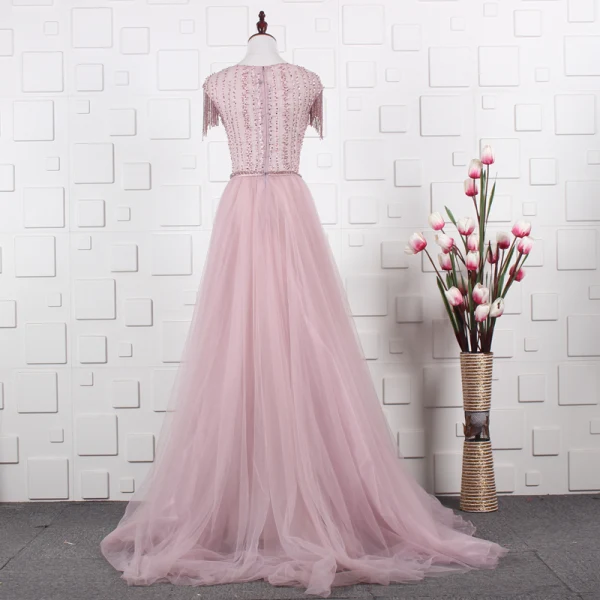 Luxe Rougissant Rose Fait main Cristal Robe De Ceremonie 2019 Princesse Encolure Dégagée Perlage T-Strap Faux Diamant Manches Courtes Train De Balayage Robe De Soirée