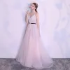 Elegant Blushing Pink Evening Dresses  2018 A-Line / Princess Spotted Sash Spaghetti Straps Backless Sleeveless Floor-Length / Long Formal Dresses