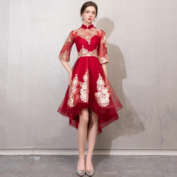 Chic / Beautiful Burgundy Cocktail Dresses 2019 A-Line / Princess High Neck Gold Lace Flower 1/2 Sleeves Asymmetrical Formal Dresses
