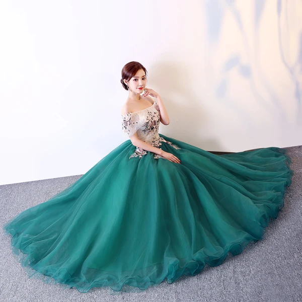 Elegant Dark Green Prom Dresses 2019 Ball Gown Off-The-Shoulder Appliques Lace Short Sleeve Backless Floor-Length / Long Formal Dresses