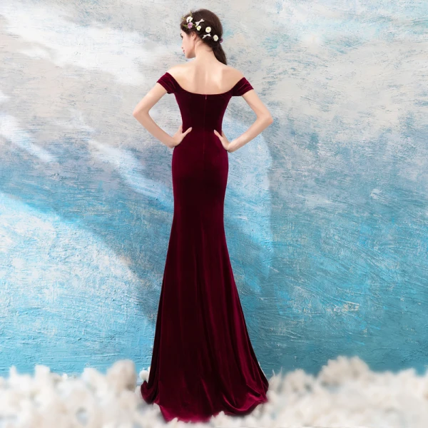 Sexy Burgundy Evening Dresses  2019 Trumpet / Mermaid Off-The-Shoulder Suede Beading Tassel Short Sleeve Backless Split Front Floor-Length / Long Formal Dresses