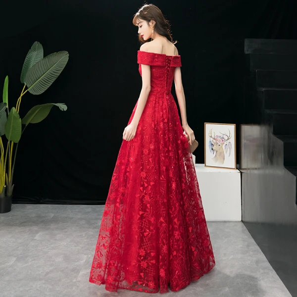 Modern / Fashion Burgundy Evening Dresses 2019 A-Line / Princess Off-The-Shoulder Sequins Lace Flower Short Sleeve Backless Floor-Length / Long Formal Dresses