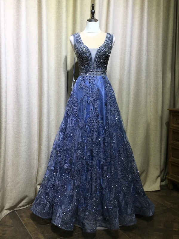 Scintillantes Bleu Roi Fait main Perlage Robe De Soirée 2019 Princesse V-Cou Cristal En Dentelle Fleur Sans Manches Dos Nu Longue Robe De Ceremonie