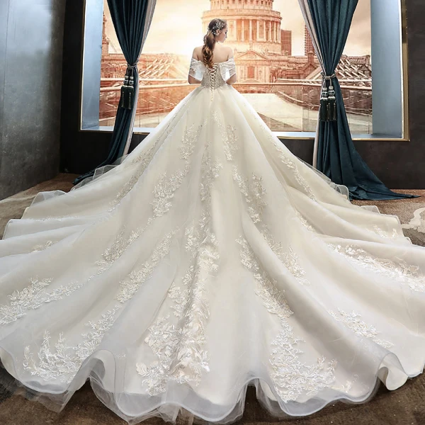 Elegant Champagne Wedding Dresses 2019 A-Line / Princess Off-The-Shoulder Beading Lace Flower Short Sleeve Backless Royal Train