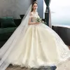 Classy Champagne Pregnant Wedding Dresses 2019 Off-The-Shoulder Beading Lace Flower Short Sleeve Backless Floor-Length / Long