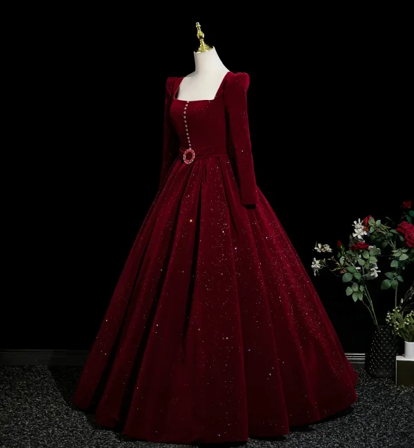 Demure Burgundy Rhinestone Sequins Velvet Prom Dresses 2025 Ball Gown Square Neckline Long Sleeve Backless Floor-Length / Long Formal Dresses