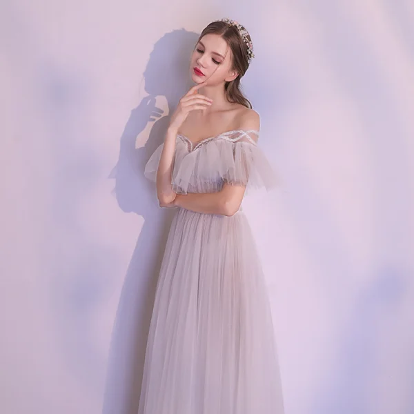 Modern / Fashion Grey Evening Dresses  2018 A-Line / Princess Beading Off-The-Shoulder Backless Short Sleeve Floor-Length / Long Formal Dresses