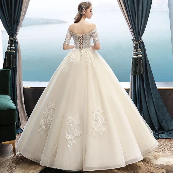 Classy Champagne Pregnant Wedding Dresses 2019 Off-The-Shoulder Beading Sequins Lace Flower Short Sleeve Backless Floor-Length / Long