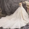 Luxury / Gorgeous Champagne Wedding Dresses 2019 Ball Gown Spaghetti Straps Sequins Sleeveless Backless Bow Royal Train