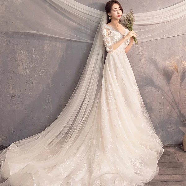Charming Champagne Wedding Dresses 2019 A-Line / Princess Scoop Neck Star Lace Flower 3/4 Sleeve Backless Court Train