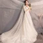Charming Champagne Wedding Dresses 2019 A-Line / Princess Scoop Neck Star Lace Flower 3/4 Sleeve Backless Court Train