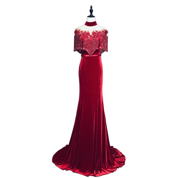 Luxury / Gorgeous Burgundy Handmade Beading Tassel Evening Dresses 2019 Trumpet / Mermaid High Neck Suede Sash Lace Flower Short Sleeve Sweep Train Formal Dresses