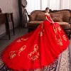 Chinese style Red Pregnant Wedding Dresses 2019 Off-The-Shoulder Sequins Lace Flower Appliques Short Sleeve Backless Chapel Train