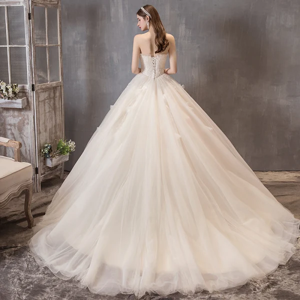 Elegancka Szampan Suknie Ślubne 2019 Suknia Balowa Wzburzyć Bez Ramiączek Frezowanie Cekiny Bez Rękawów Bez Pleców Trenem Kaplica