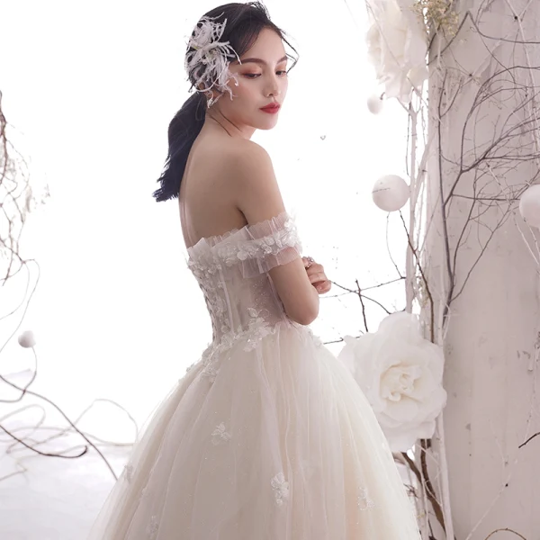 Chic Champagne Robe De Mariée 2019 Princesse De l'épaule Paillettes En Dentelle Fleur Sans Manches Dos Nu Train De Balayage