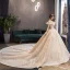 Luxe Champagne Robe De Mariée 2019 Robe Boule Encolure Dégagée Noeud En Dentelle Fleur Manches Courtes Dos Nu Royal Train