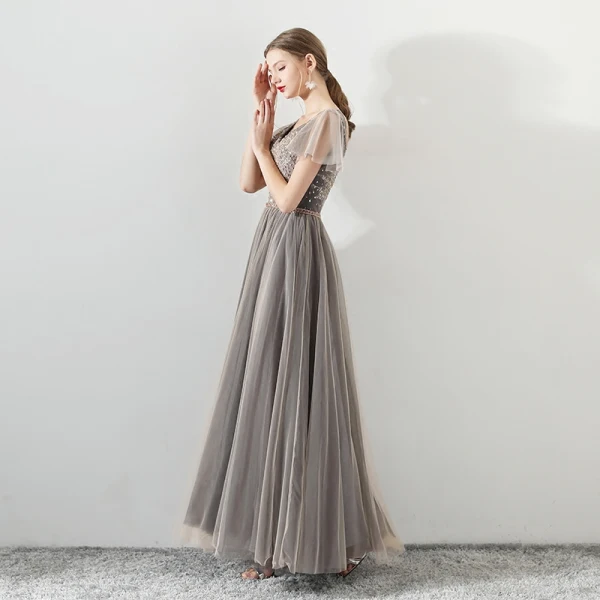 Modern / Fashion Champagne Black Evening Dresses 2018 A-Line / Princess Beading Sequins Lace Embroidered V-Neck Backless Short Sleeve Floor-Length / Long Formal Dresses
