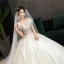 Élégant Champagne Robe De Mariée 2019 Robe Boule Volants Encolure Carrée Perlage Paillettes Manches Courtes Dos Nu Tribunal Train