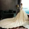 Luxury / Gorgeous Champagne Wedding Dresses 2019 A-Line / Princess Off-The-Shoulder Beading Lace Flower Sequins Short Sleeve Backless
