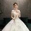Elegant Champagne Wedding Dresses 2019 Ball Gown Scoop Neck Beading Lace Flower Short Sleeve Backless Floor-Length / Long