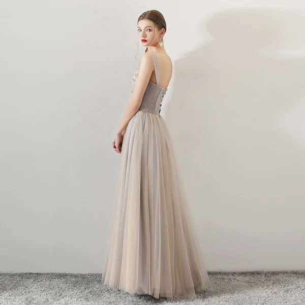 Élégant Champagne Robe De Soirée 2018 Princesse Perlage Cristal De l'épaule Dos Nu Sans Manches Longue Robe De Ceremonie