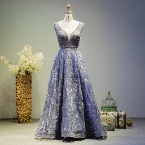 Luxury / Gorgeous Royal Blue Evening Dresses 2019 A-Line / Princess V-Neck Beading Crystal Sleeveless Backless Floor-Length / Long Formal Dresses