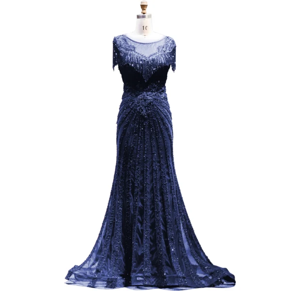 Luxury / Gorgeous Burgundy Handmade  Beading Evening Dresses  2019 Trumpet / Mermaid Scoop Neck Crystal Tassel Lace Flower Short Sleeve Sweep Train Formal Dresses
