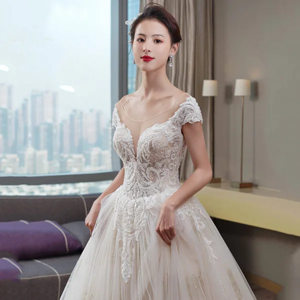 Luxury / Gorgeous Champagne Wedding Dresses 2019 A-Line / Princess V-Neck Beading Sequins Lace Flower Short Sleeve Backless Cathedral Train