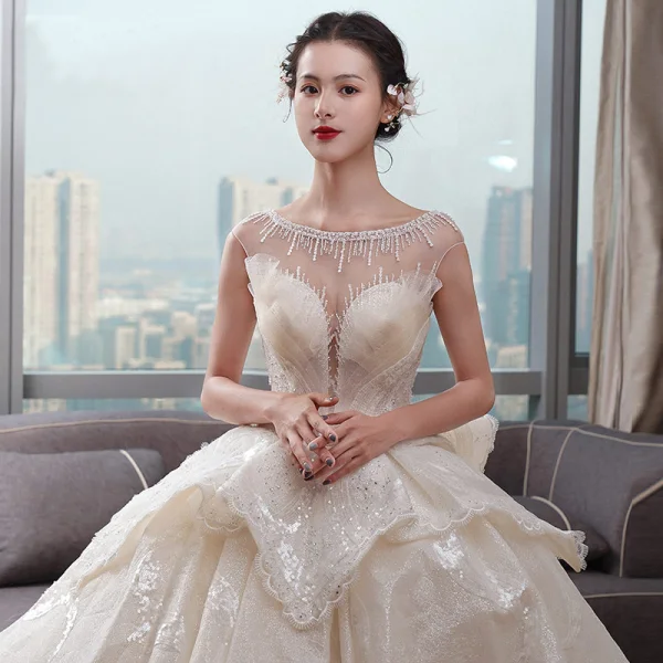 Luxury / Gorgeous Champagne Wedding Dresses 2019 Ball Gown Scoop Neck Sequins Lace Flower Sleeveless Backless Cascading Ruffles Cathedral Train