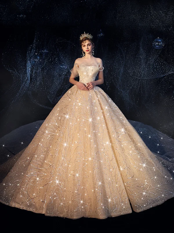 Luxury / Gorgeous Champagne Wedding Dresses 2019 Ball Gown Strapless Glitter Tulle Sequins Beading Sleeveless Backless Cathedral Train