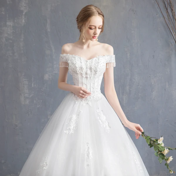 Affordable Ivory Wedding Dresses 2019 A-Line / Princess Off-The-Shoulder Beading Tassel Pearl Crystal Lace Flower Short Sleeve Backless Court Train