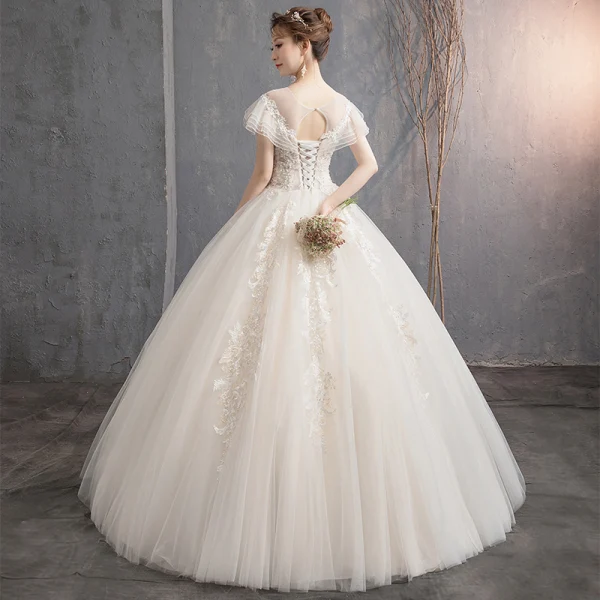 Lovely Champagne Wedding Dresses 2019 Ball Gown Scoop Neck Beading Lace Flower Short Sleeve Backless Floor-Length / Long
