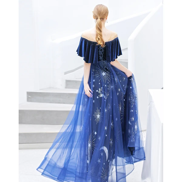 Chic / Beautiful Royal Blue Evening Dresses 2019 A-Line / Princess Suede V-Neck Star Sequins Rhinestone Short Sleeve Backless Ankle Length Formal Dresses
