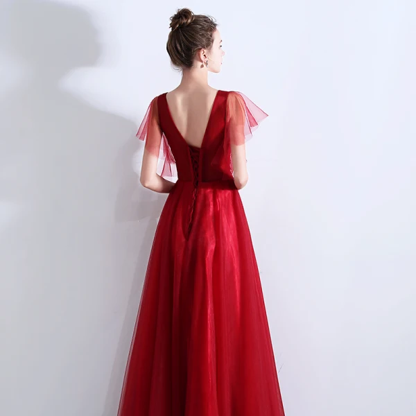 Chic / Beautiful Burgundy Evening Dresses 2019 A-Line / Princess V-Neck Beading Crystal Lace Flower Short Sleeve Backless Floor-Length / Long Formal Dresses