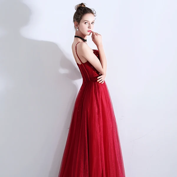 Chic / Belle Bordeaux Robe De Soirée 2019 Princesse Bretelles Spaghetti Perlage Cristal Paillettes Sans Manches Dos Nu Longue Robe De Ceremonie